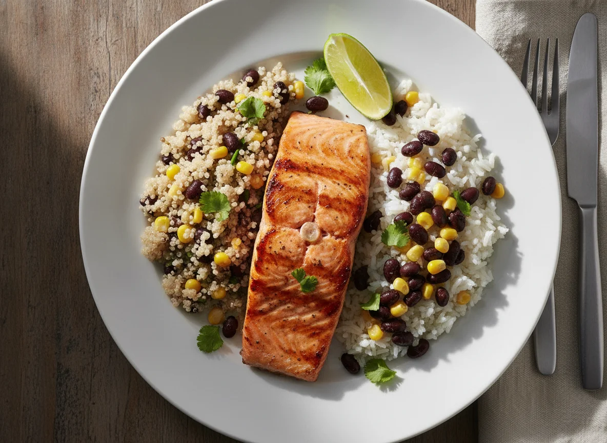 Salmão grelhado com quinoa, feijão preto e milho photo