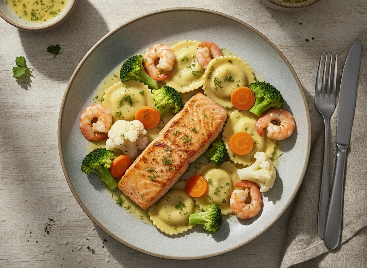 Salmão grelhado com ravióli, camarão e legumes photo