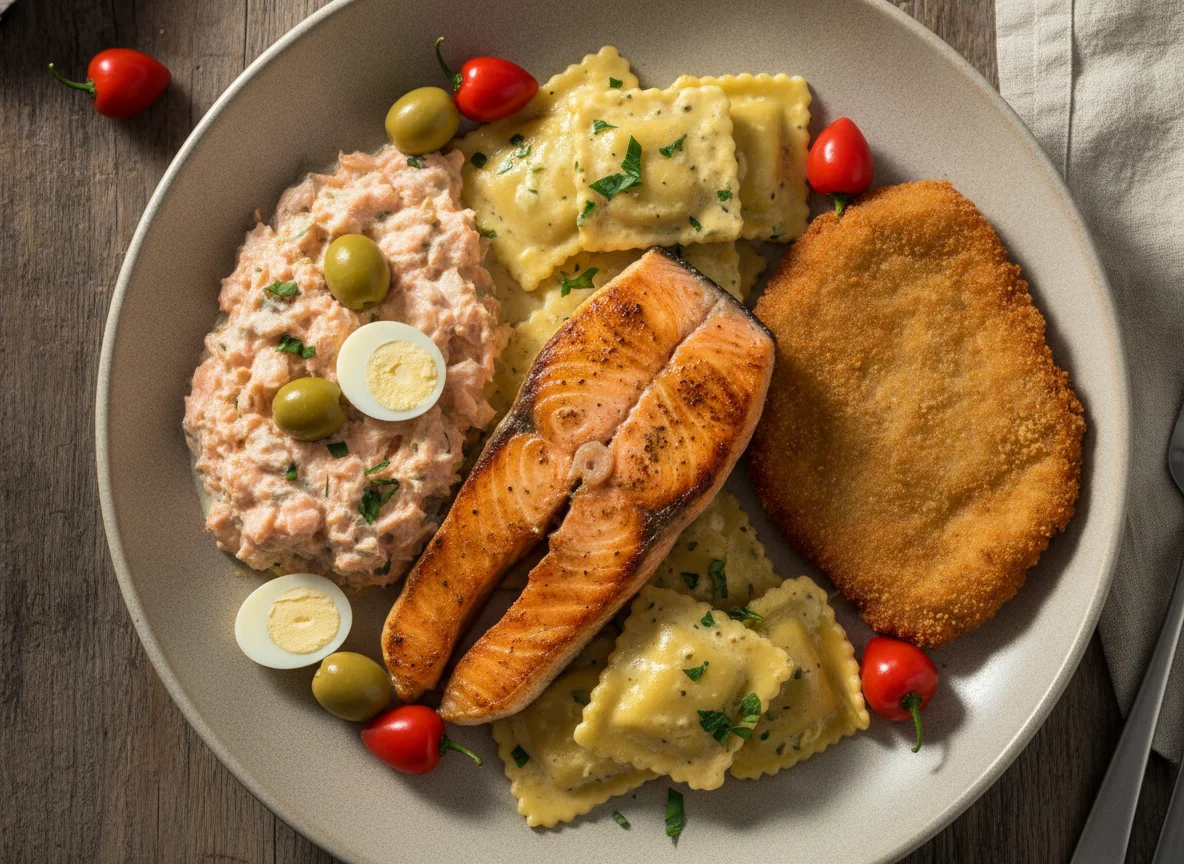 Salmão grelhado com ravioli e acompanhamentos photo