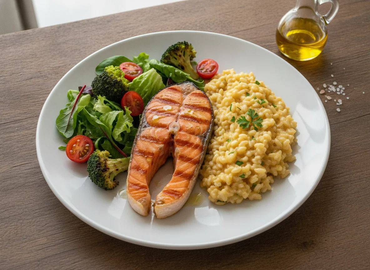 Salmão grelhado com risoto e salada photo
