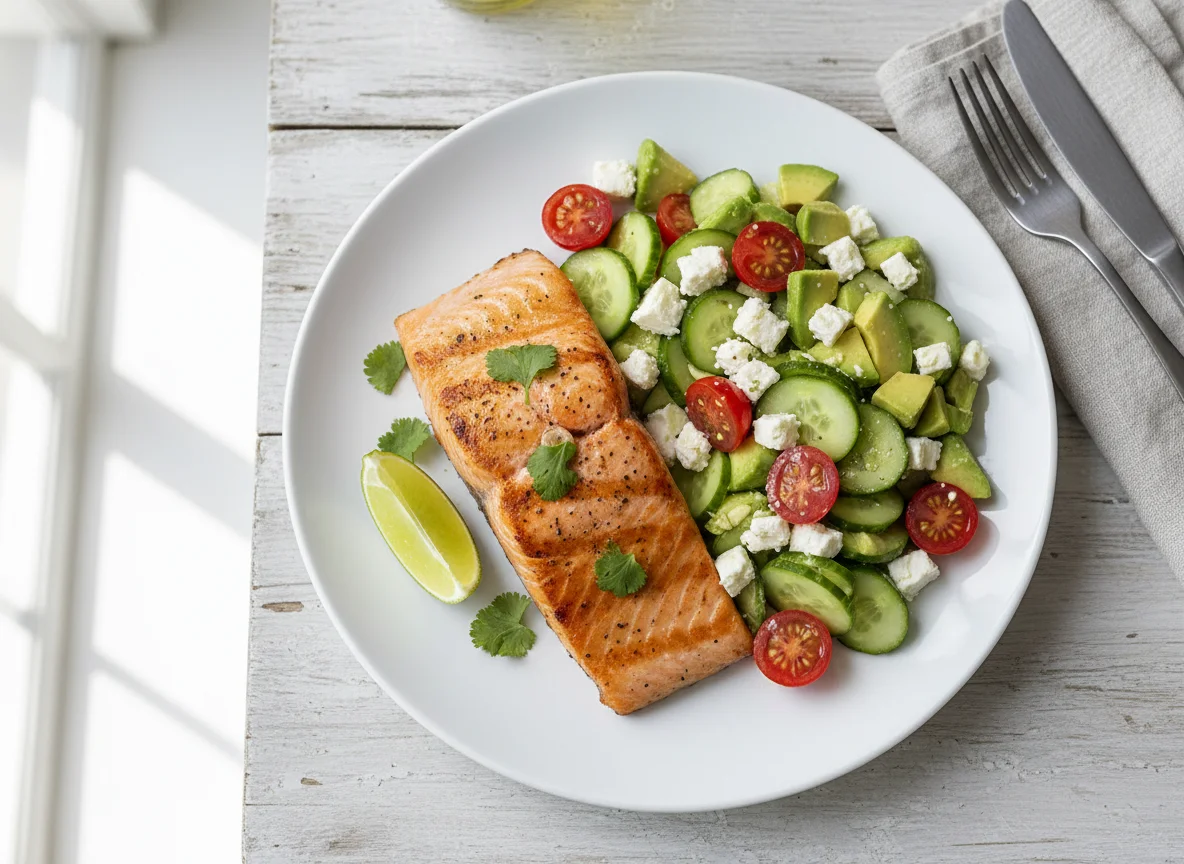 Salmão grelhado com salada de abacate e queijo feta photo
