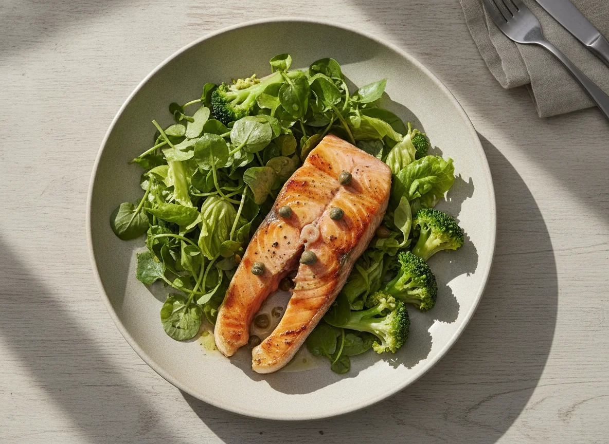 Salmão Grelhado com Salada de Agrião e Brócolis photo