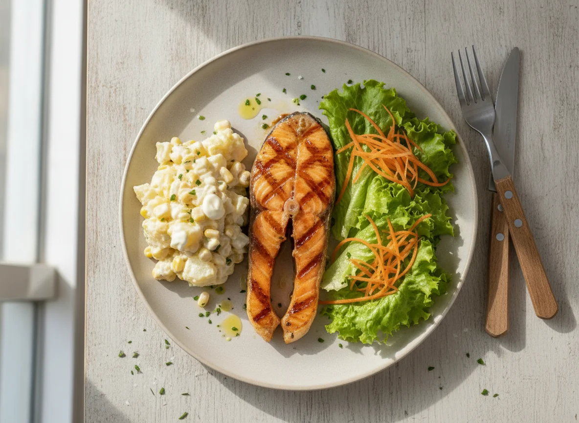 Salmão grelhado com salada de batata e alface photo