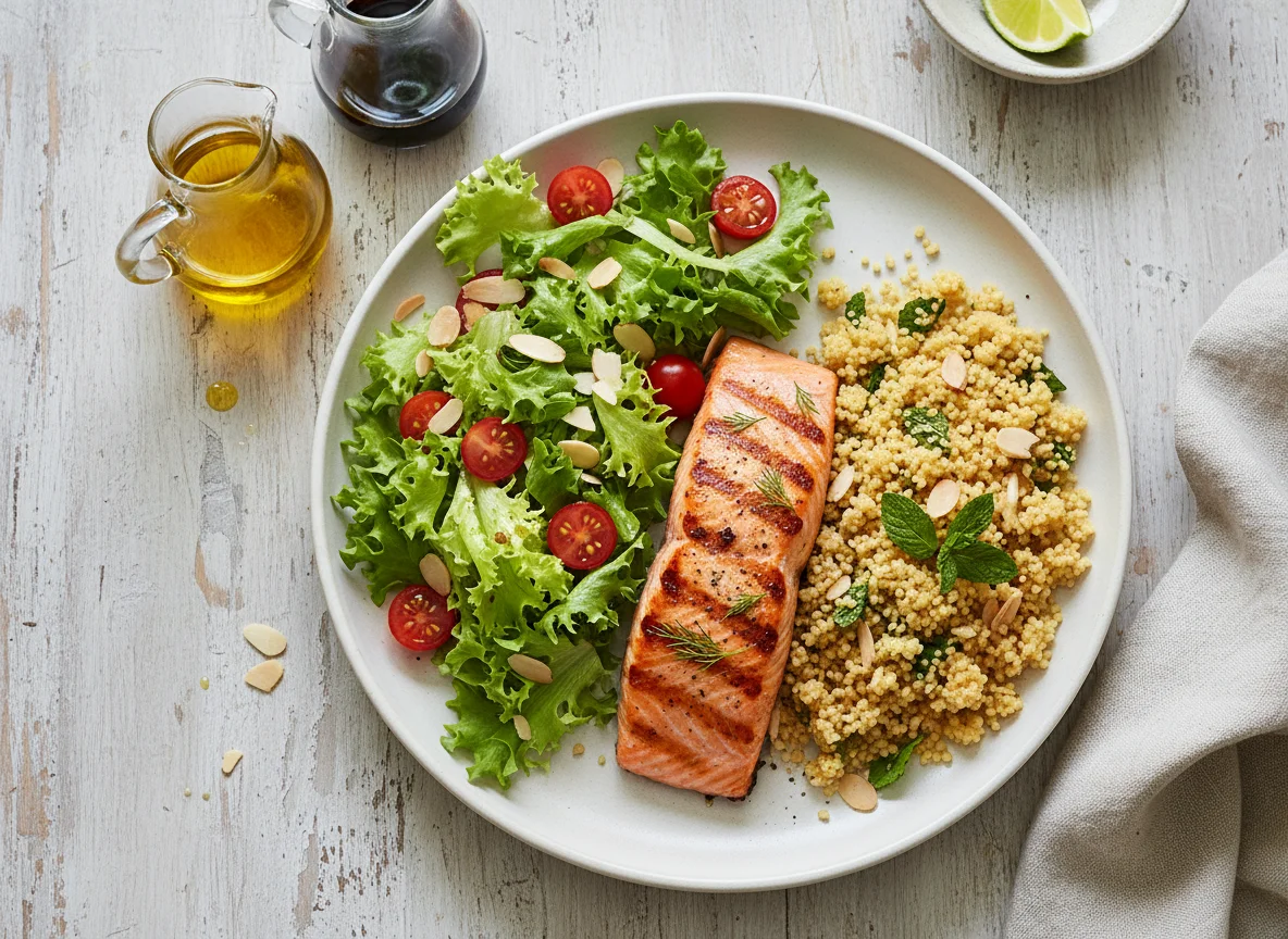 Salmão grelhado com salada de folhas e cuscuz marroquino photo