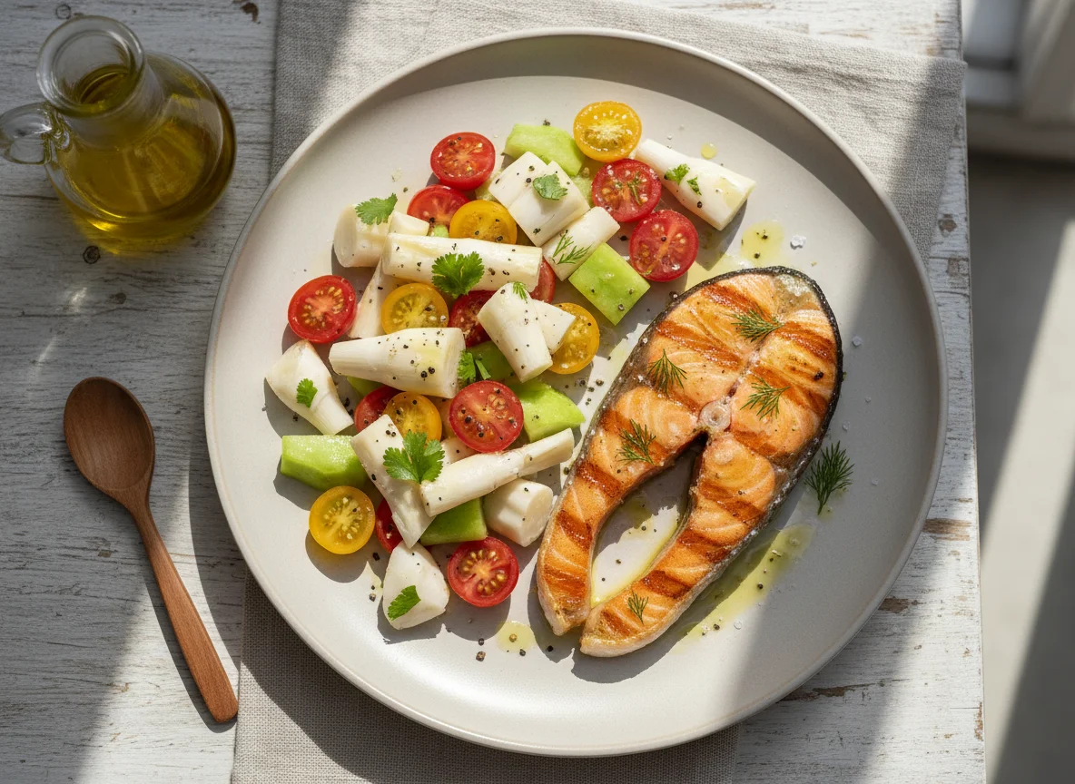 Salmão grelhado com salada de tomate, palmito e chuchu photo