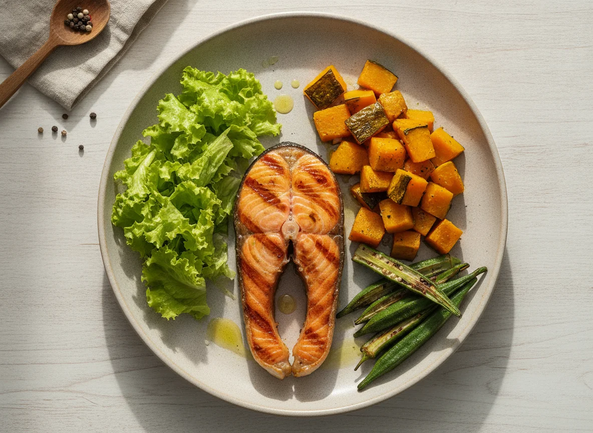 Salmão grelhado com salada e abóbora photo