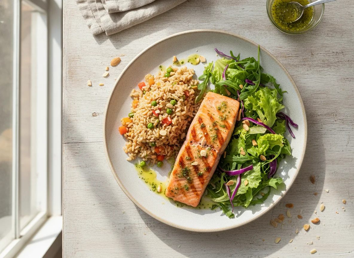 Salmão Grelhado com Salada e Arroz Integral photo