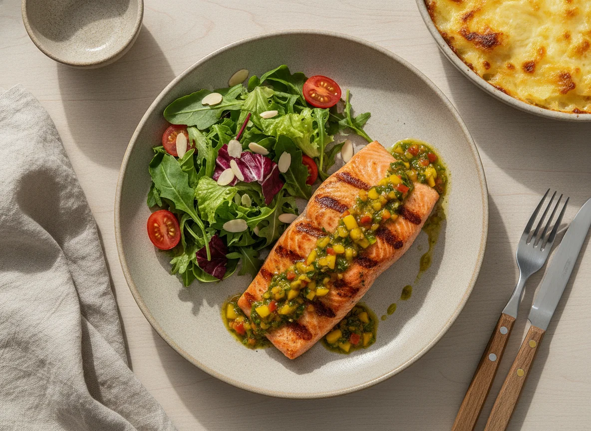 Salmão Grelhado com Salada e Gratinado de Batata photo