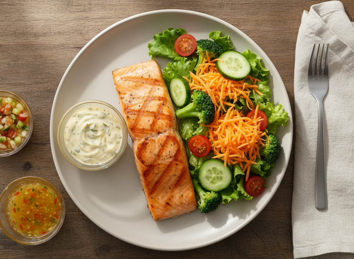 Salmão grelhado com salada e molho tártaro photo