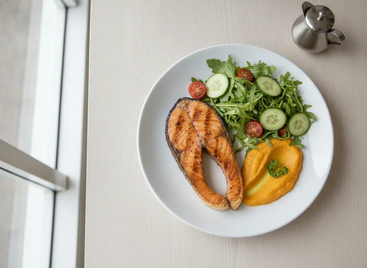 Salmão Grelhado com Salada e Purê de Abóbora photo