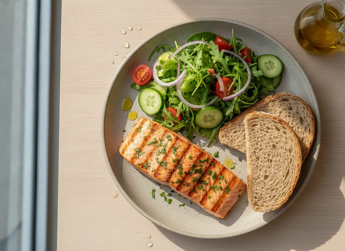 Salmão grelhado com salada mista e pão integral photo