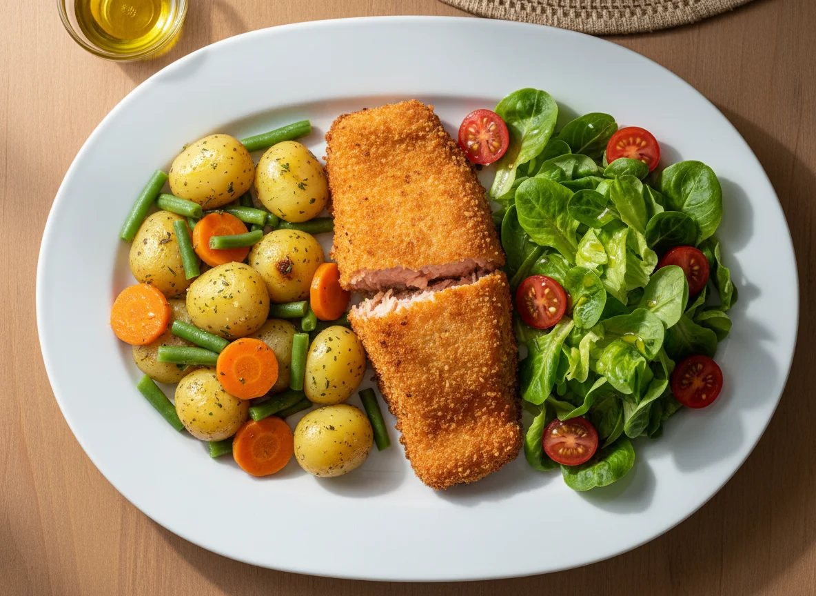 Salmão panado com batatas e legumes salteados photo