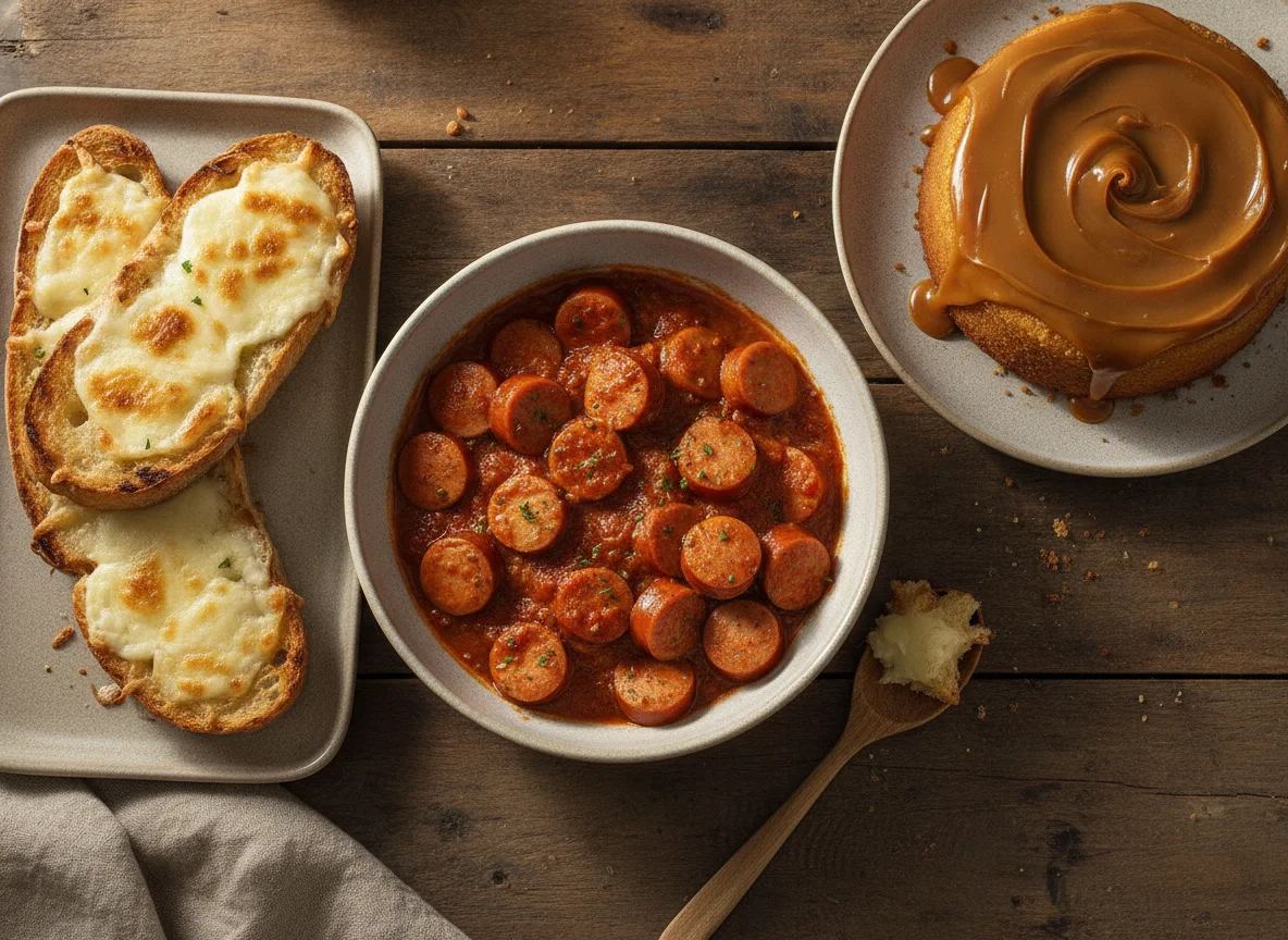 Salsicha ao molho com pão gratinado e bolo com cobertura photo