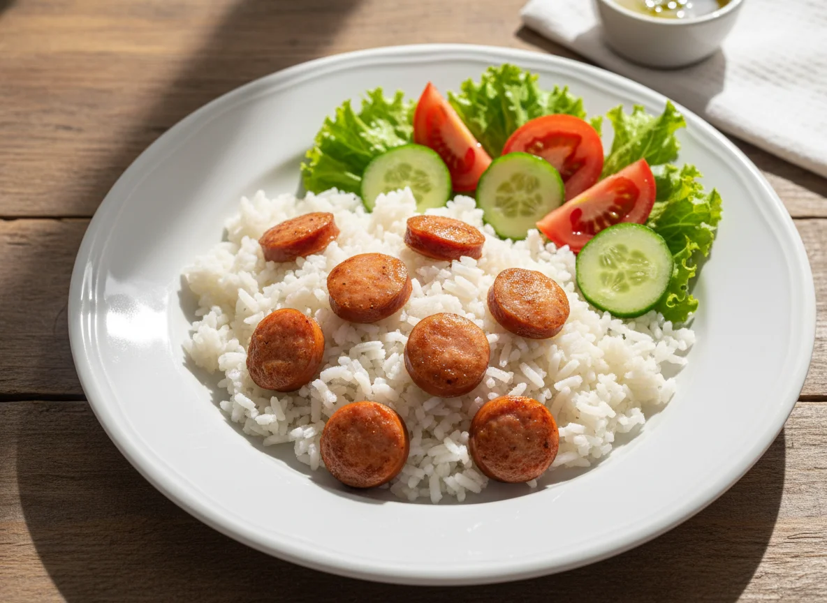 Salsicha com Arroz e Salada photo