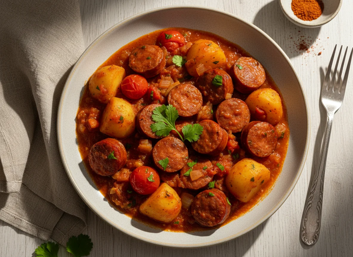 Salsicha com batata em molho de tomate photo