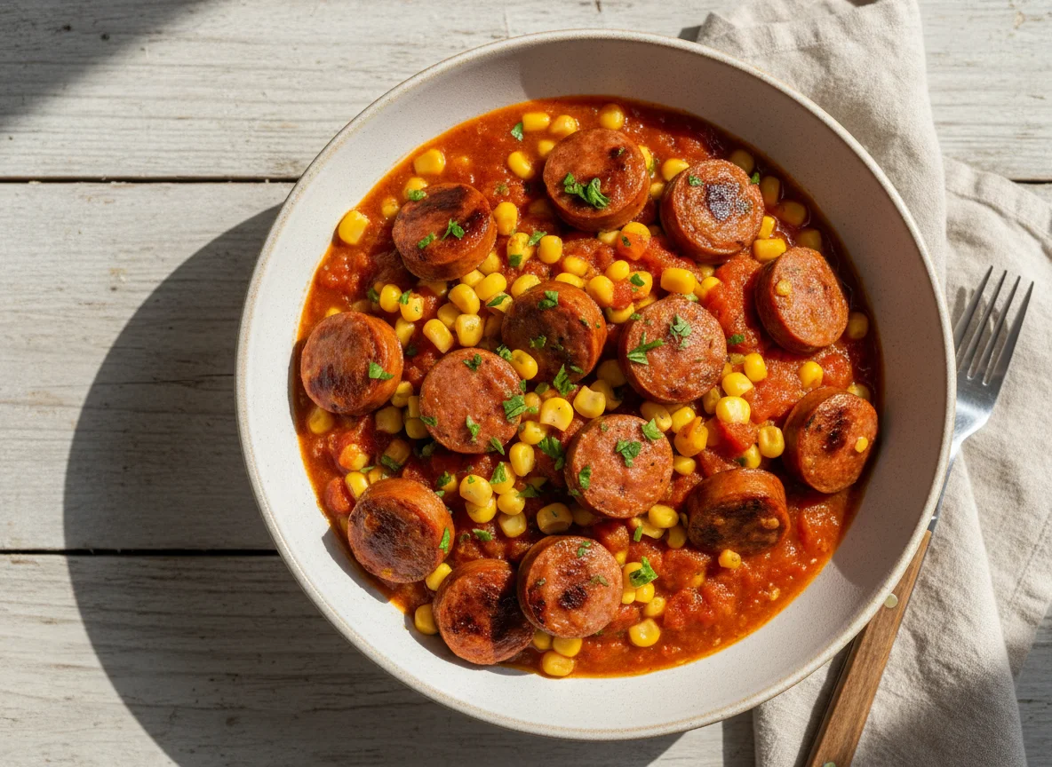 Salsicha com Milho e Molho de Tomate photo