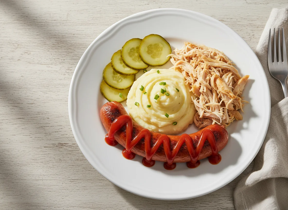 Salsicha com puré de batata, frango desfiado e pepino photo