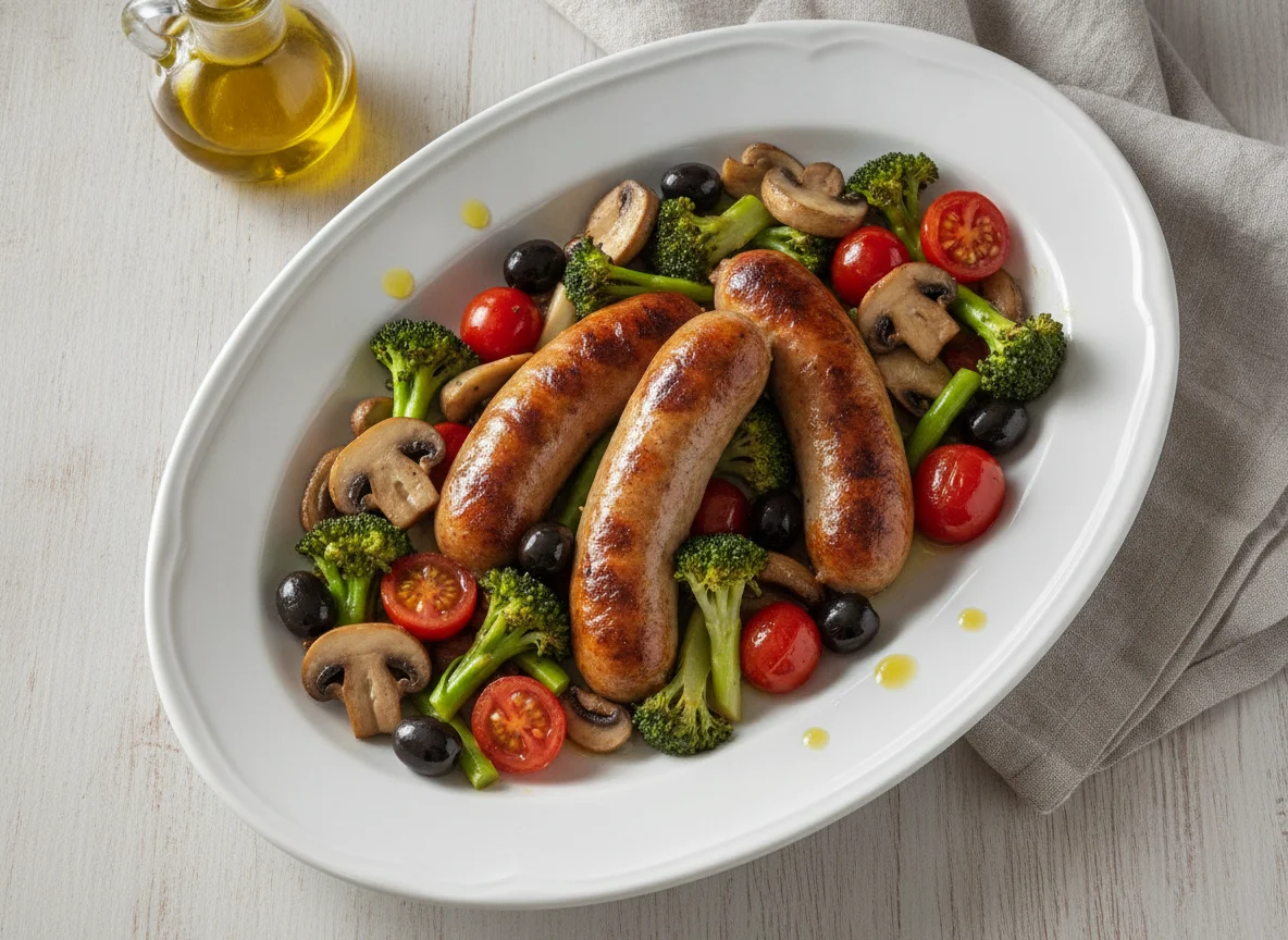 Salsicha com salteado de cogumelos e legumes photo