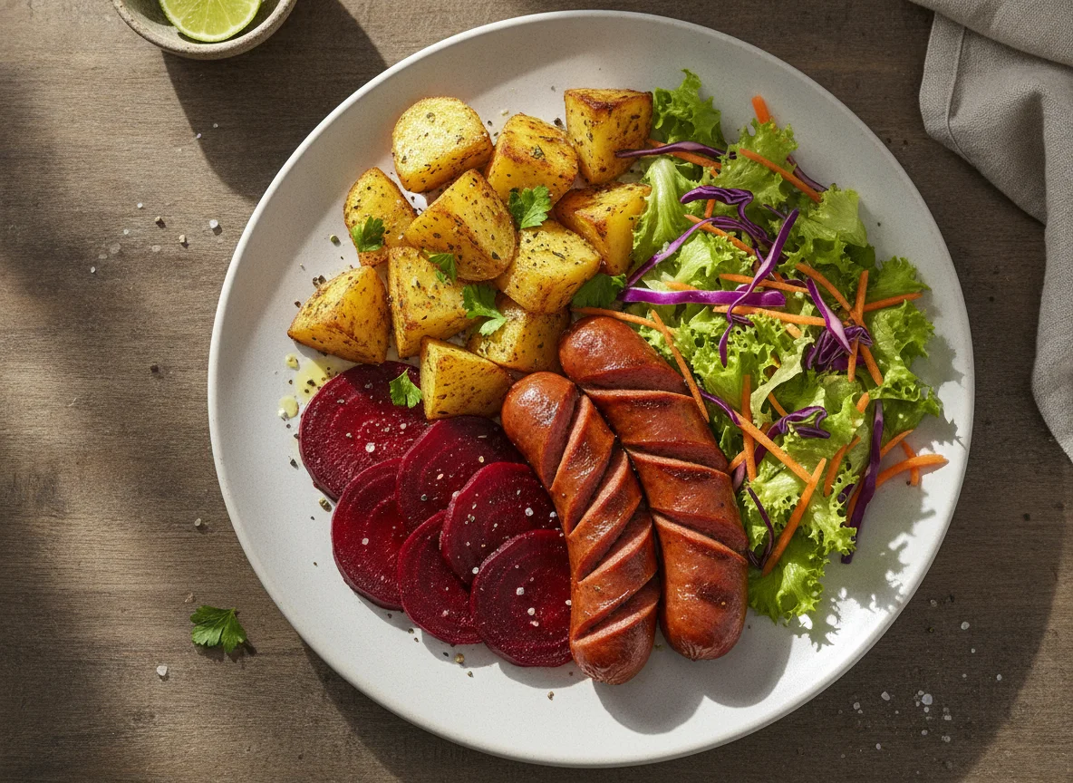 Salsicha vegana com batatas e beterraba photo