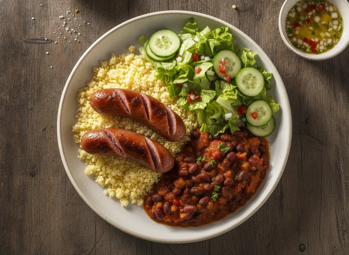 Salsichas com cuscuz, feijão e salada photo