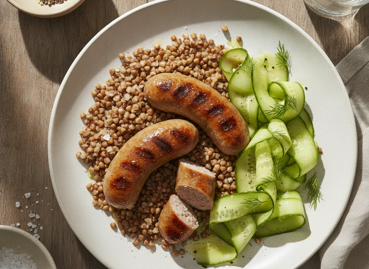 Salsichas grelhadas com trigo sarraceno e pepino photo