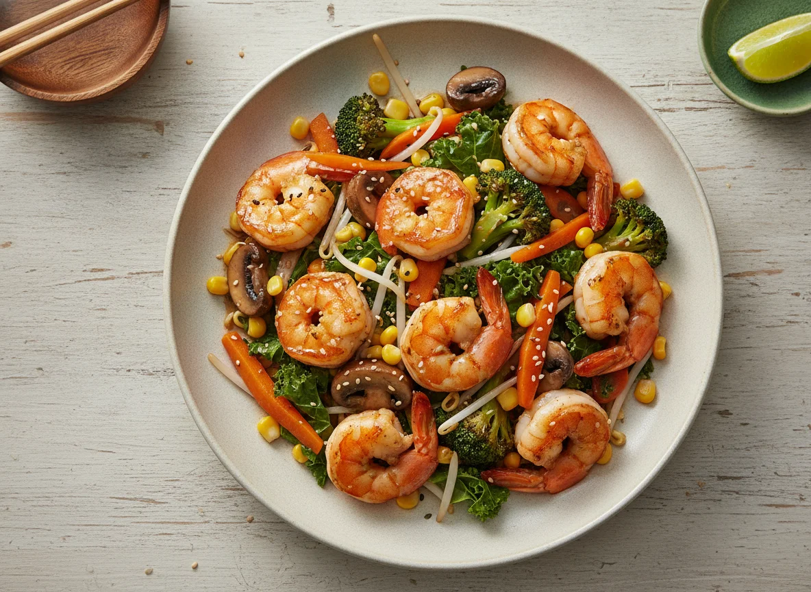 Salteado de Camarão com Legumes e Cogumelos photo