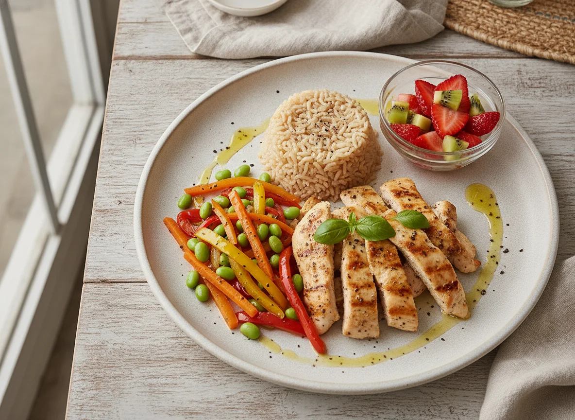 Salteado de legumes com frango e salada de fruta photo