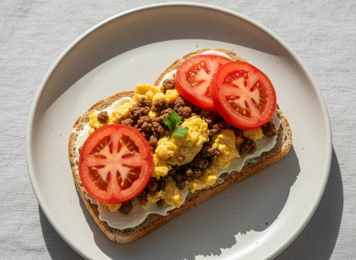 Sanduíche aberto com carne moída e tomate photo