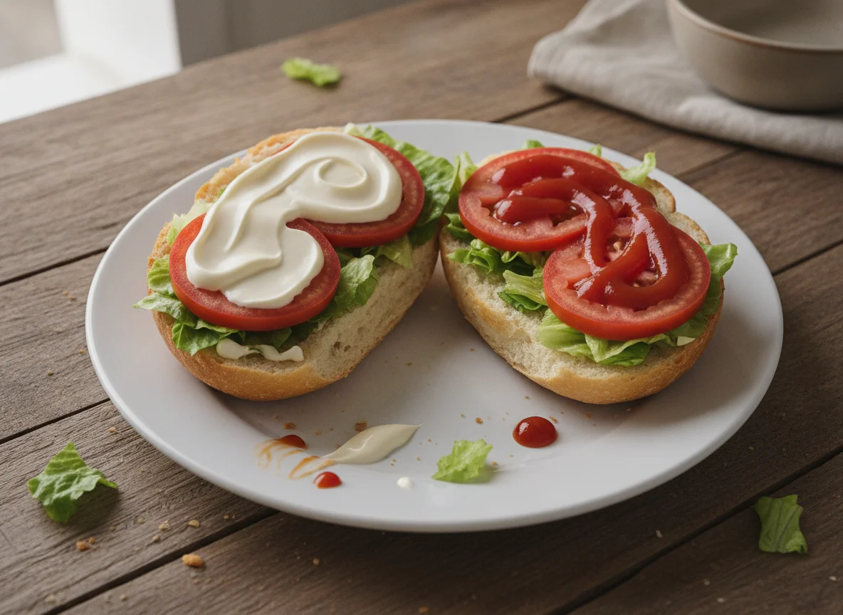 Sanduíche aberto com salada e molho photo
