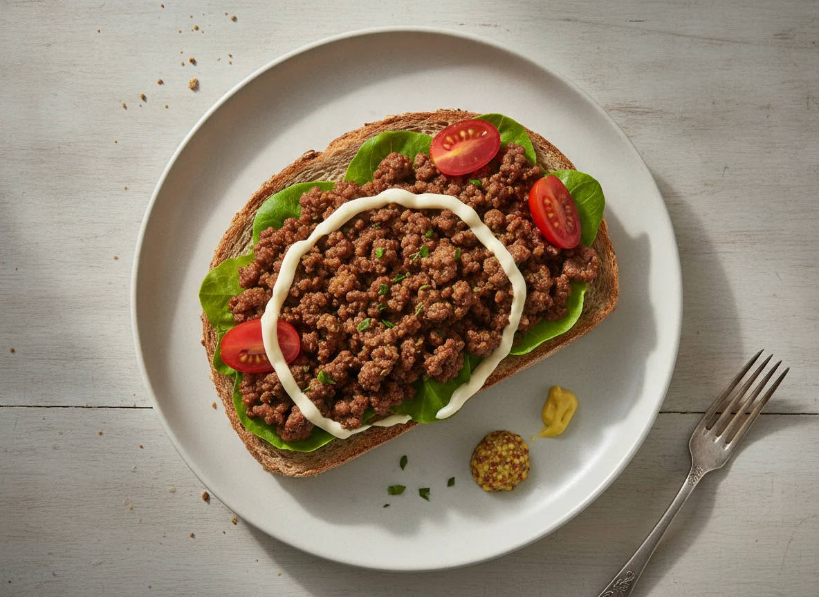 Sanduíche aberto de carne moída e salada photo