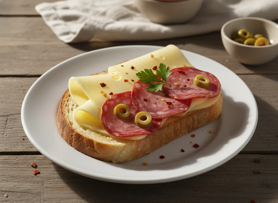 Sanduíche aberto de queijo e salame photo