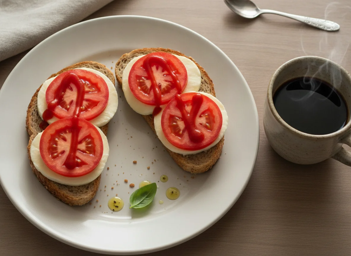 Sanduíche aberto de queijo e tomate com café photo