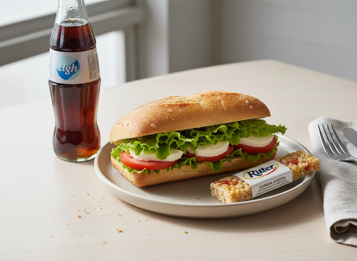 Sanduíche com refrigerante e barra de cereal photo