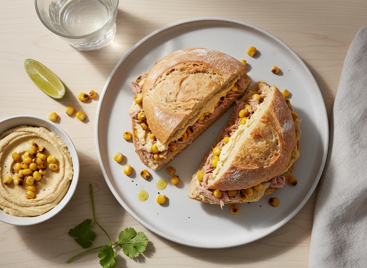 Sanduíche de atum com húmus e milho de pão sem glúten photo