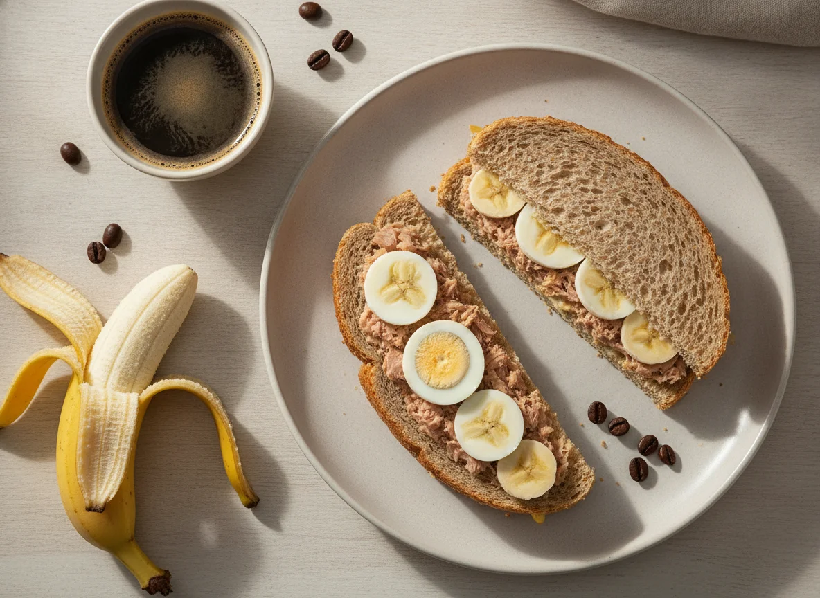 Sanduíche de atum com ovo, banana e café photo