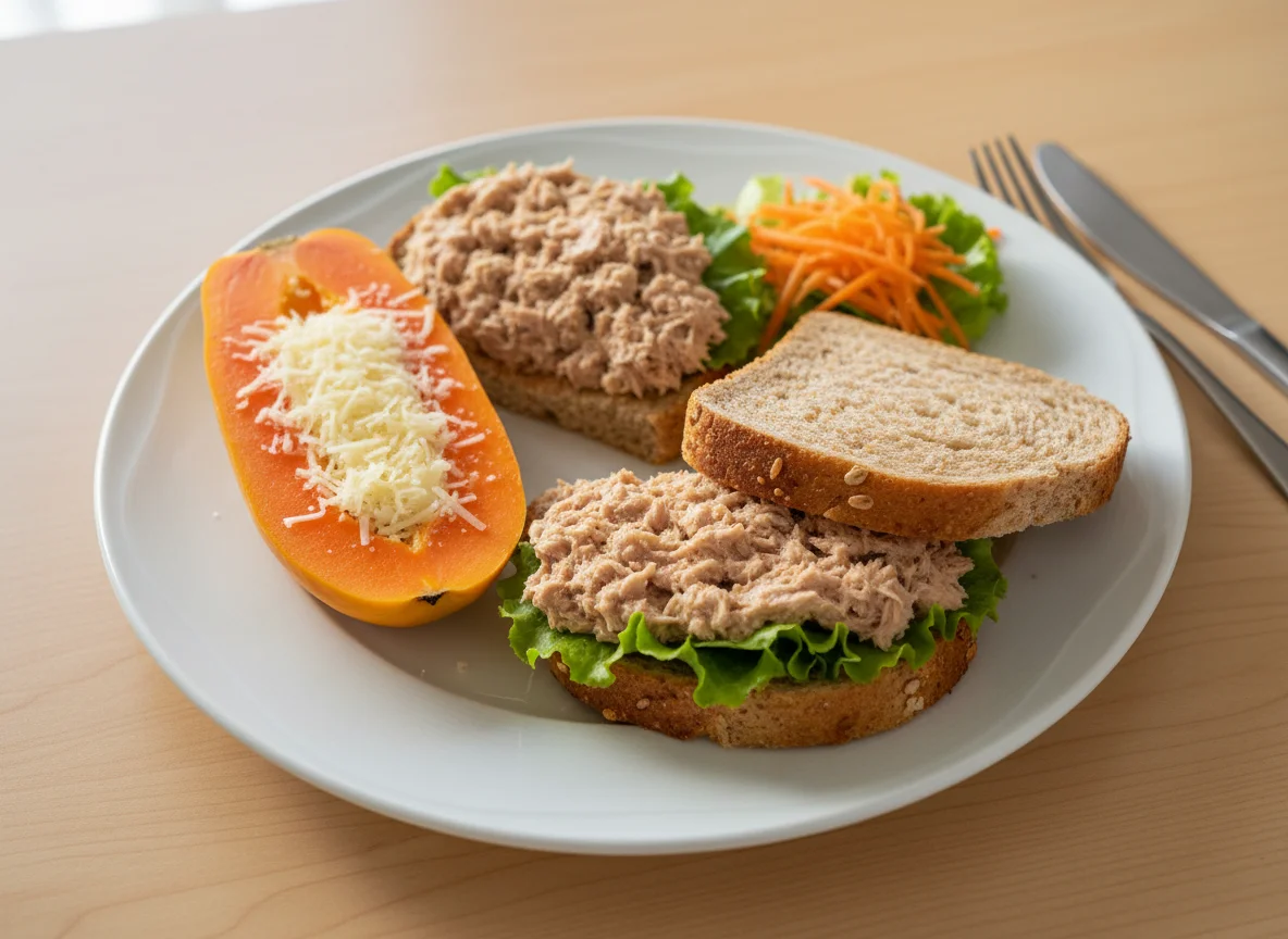 Sanduíche de atum com salada e mamão com queijo photo