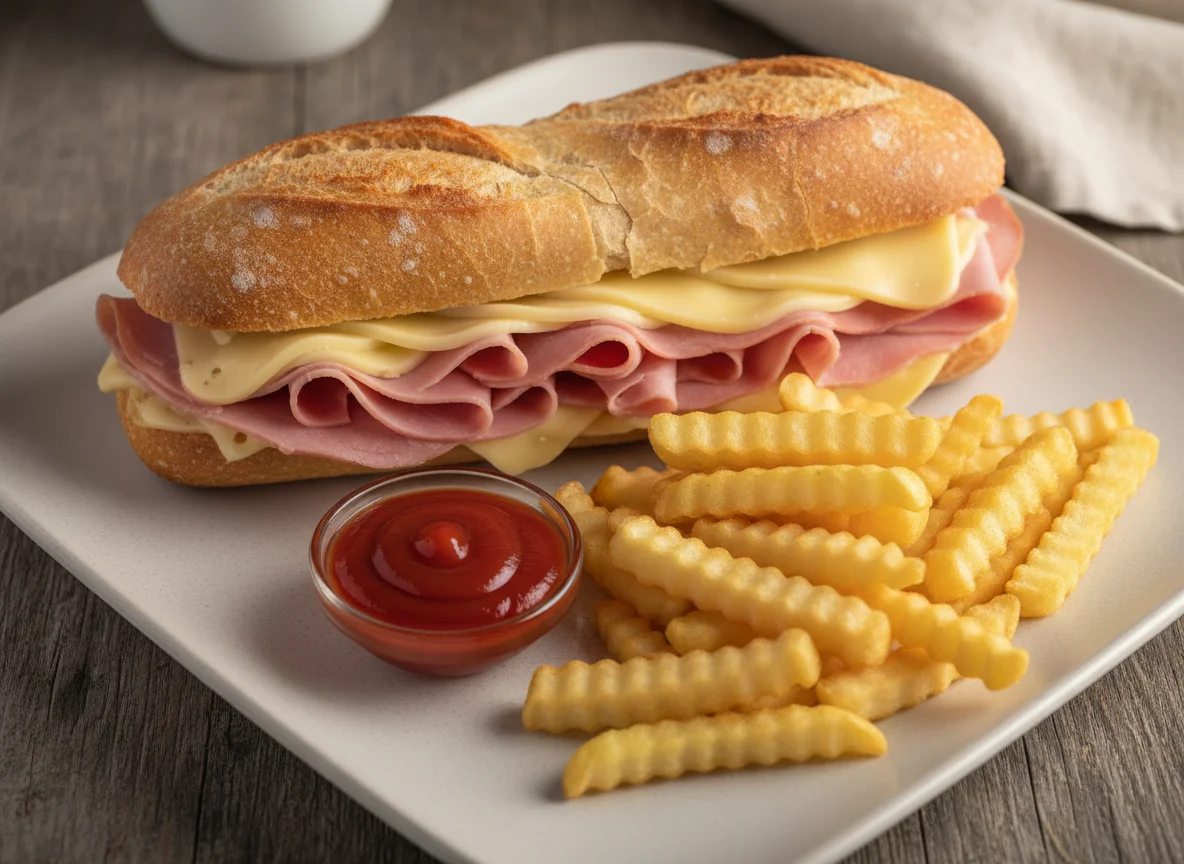 Sanduíche de baguete com batatas fritas e ketchup photo