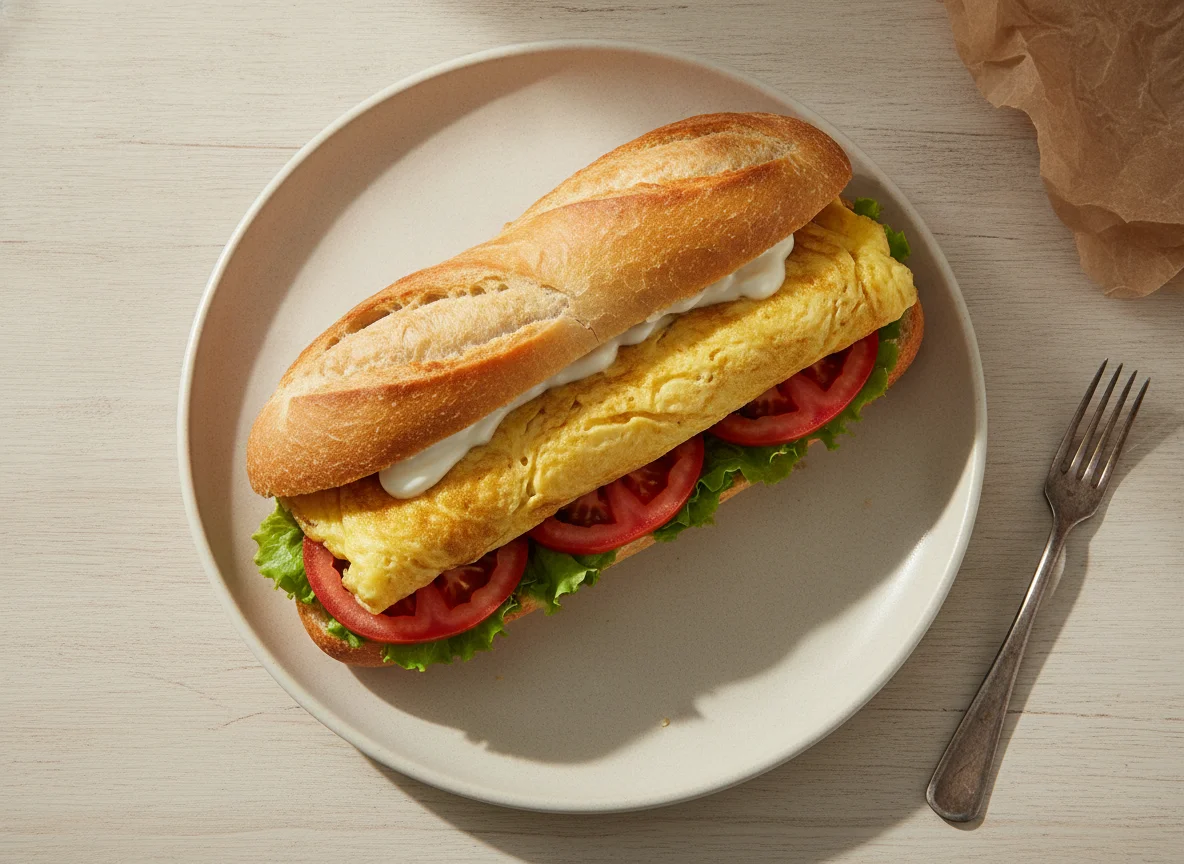Sanduíche de Baguete com Omelete e Tomate photo