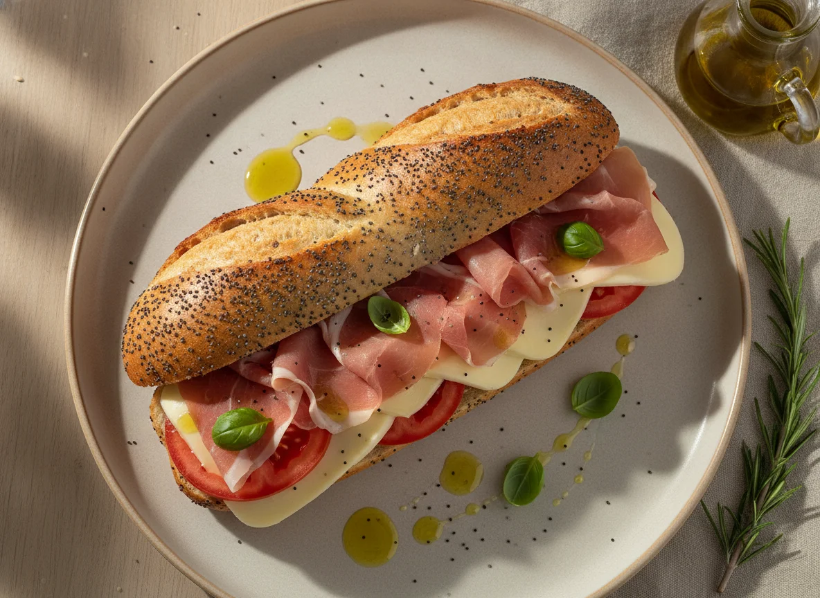 Sanduíche de Baguete com Presunto Cru e Queijo photo