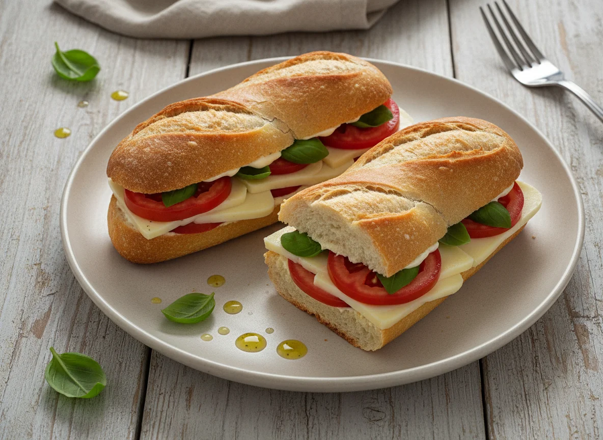 Sanduíche de Baguete com Queijo, Tomate e Manjericão photo