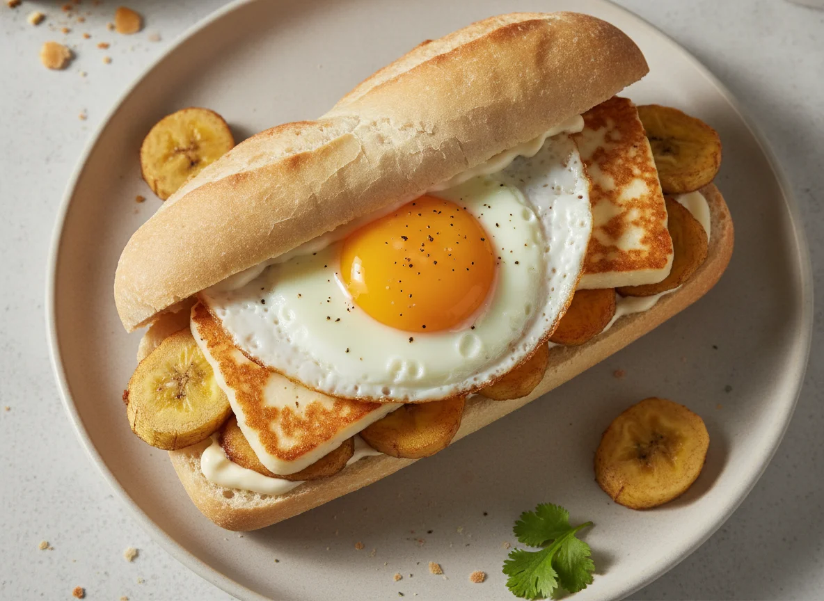 Sanduíche de banana frita, queijo e ovo photo