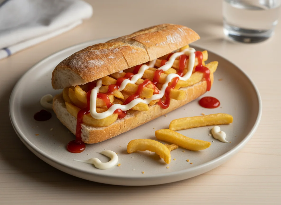 Sanduíche de batata frita com molhos photo