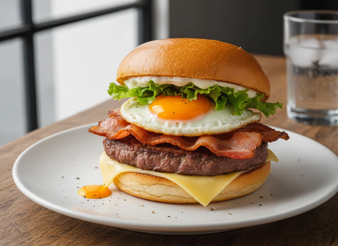 Sanduíche de bife com bacon e ovo photo