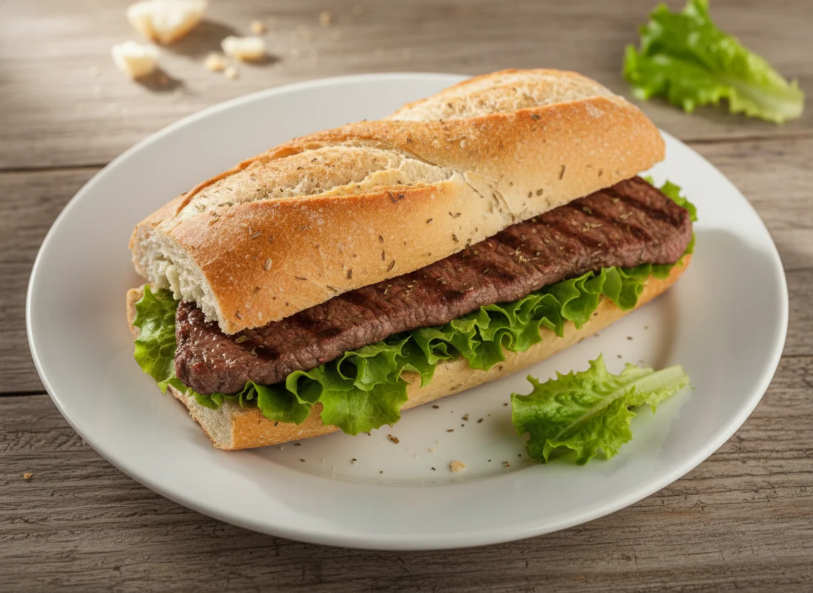 Sanduíche de bife com pão francês e alface photo