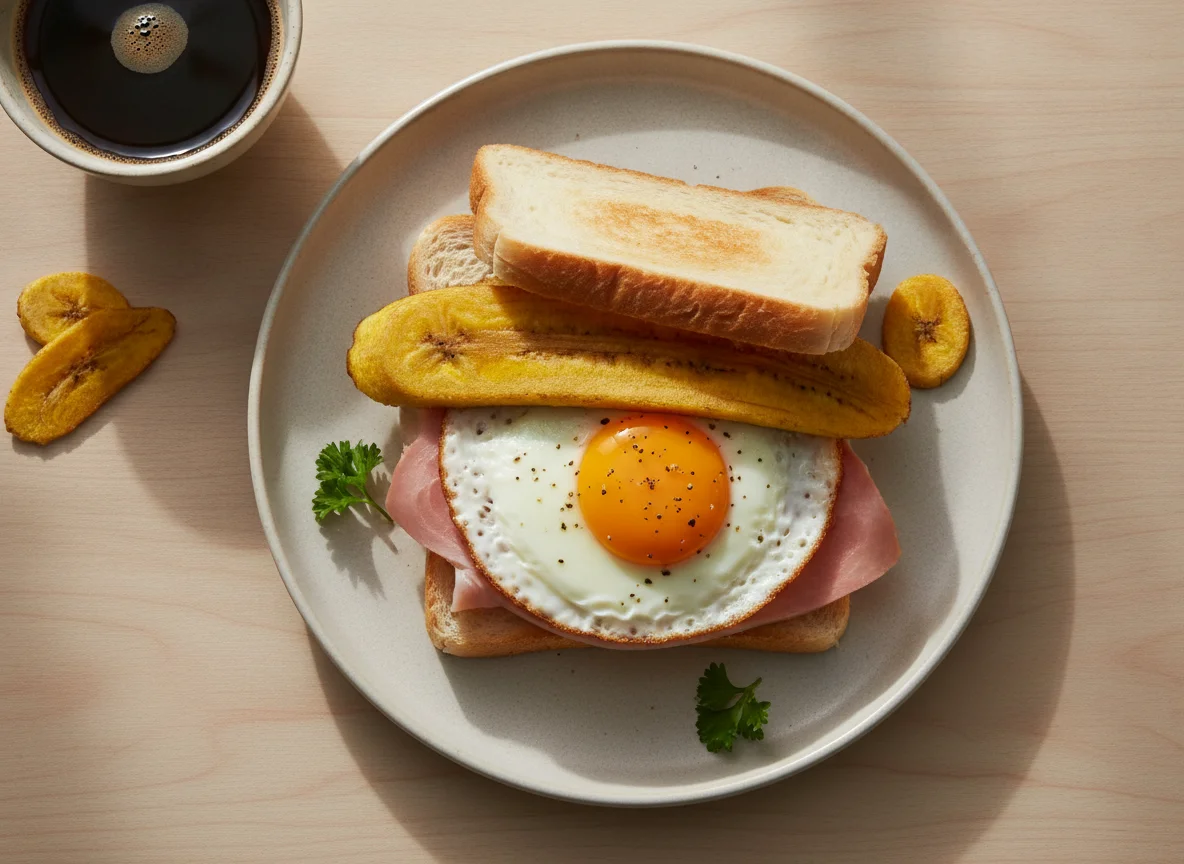 Sanduíche de café da manhã com banana frita, ovo e presunto photo