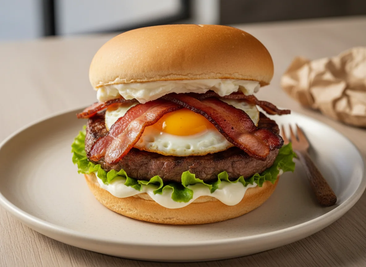 Sanduíche de carne com bacon e ovo photo