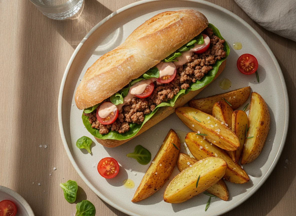 Sanduíche de carne com batatas rústicas photo