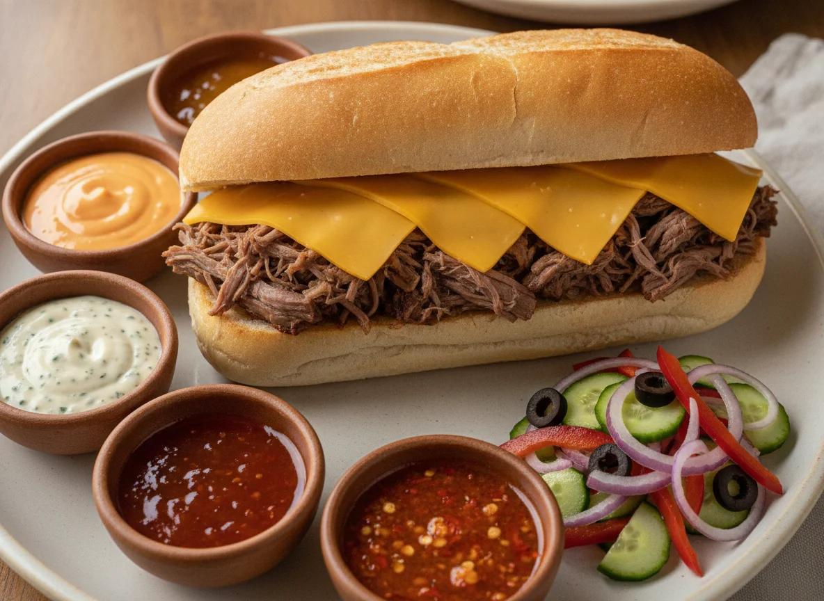 Sanduíche de carne com cheddar e molhos variados photo