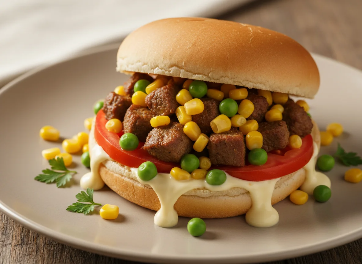 Sanduíche de carne com milho e ervilha photo