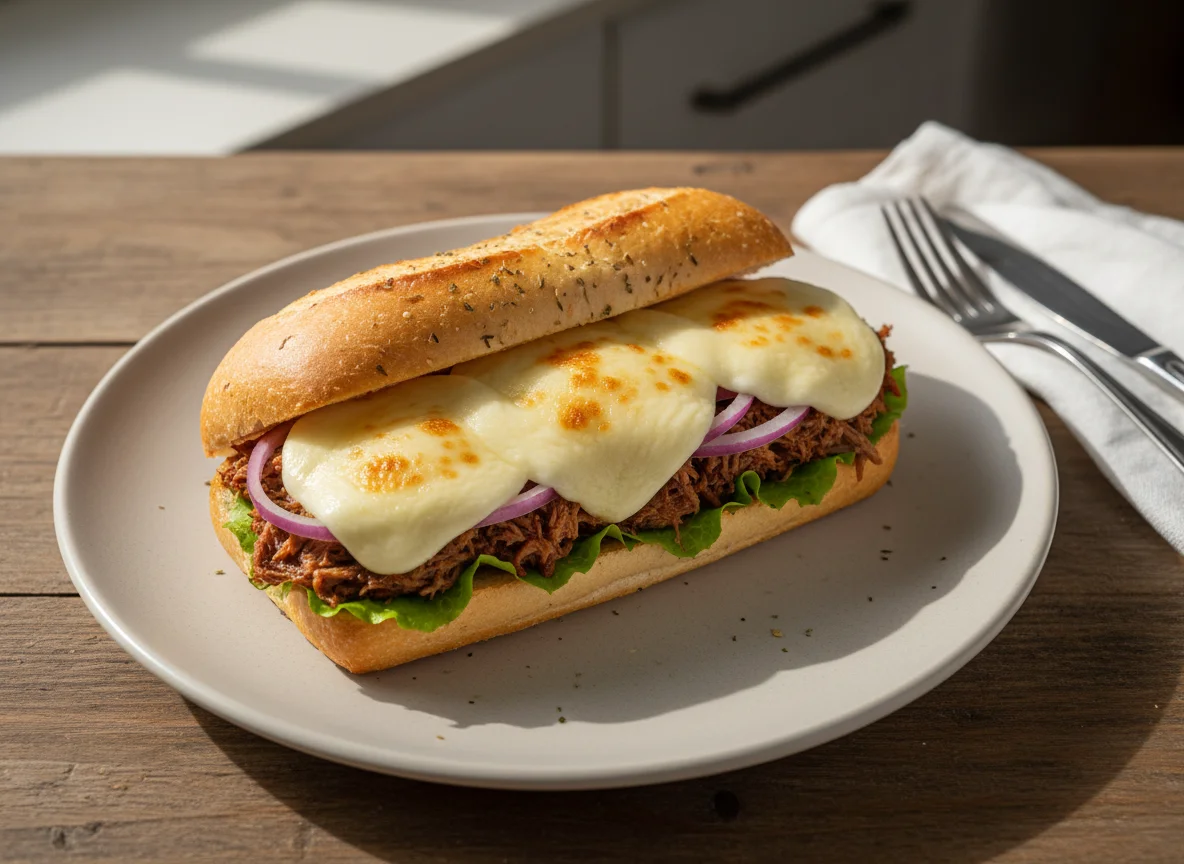 Sanduíche de carne com queijo e cebola photo